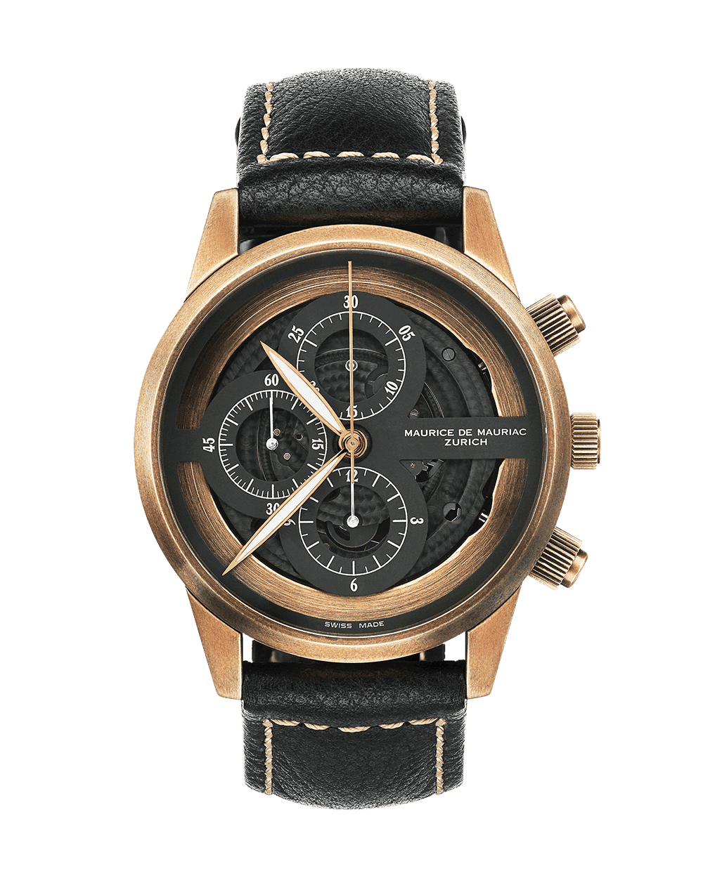 Uhr mit Gehäuse aus Bronze und schwarzem Leder Uhrenband