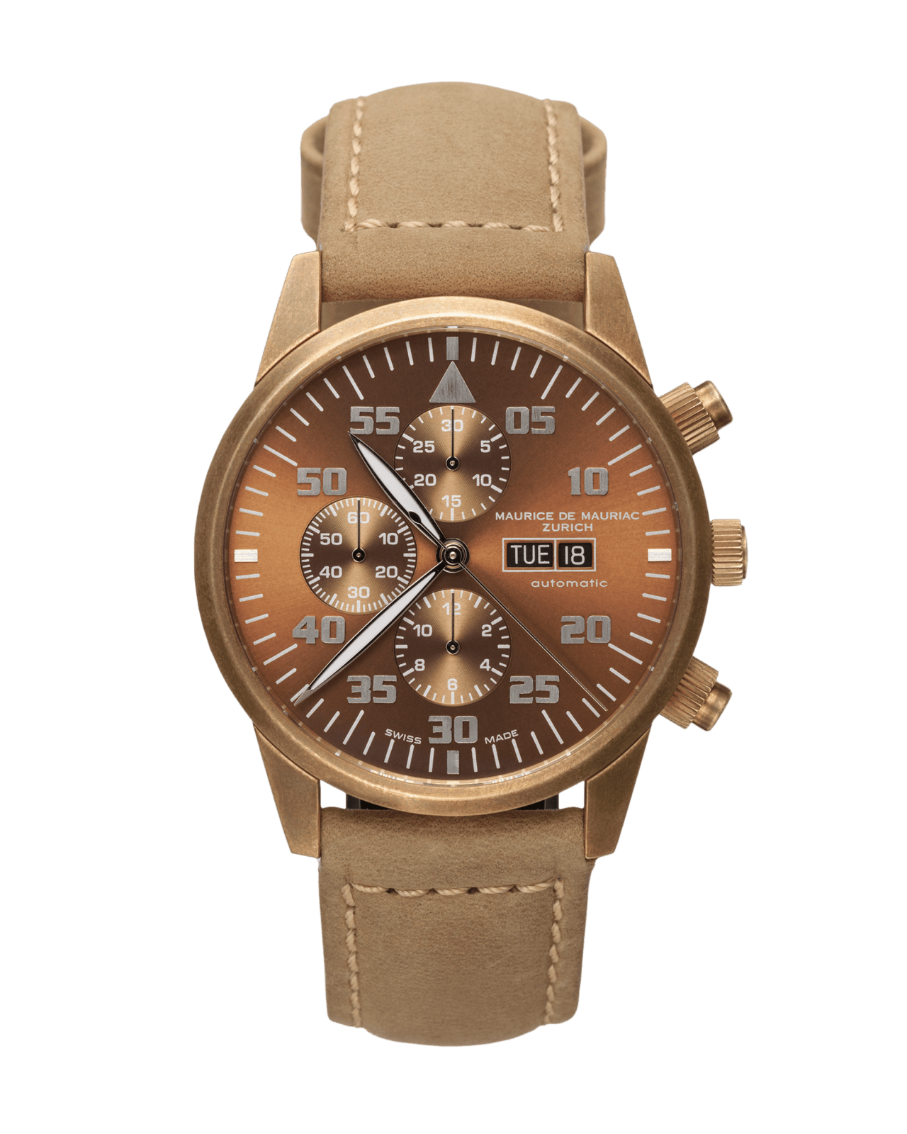 Chronogrphen Uhr in Bronze mit Lederarmband in braun