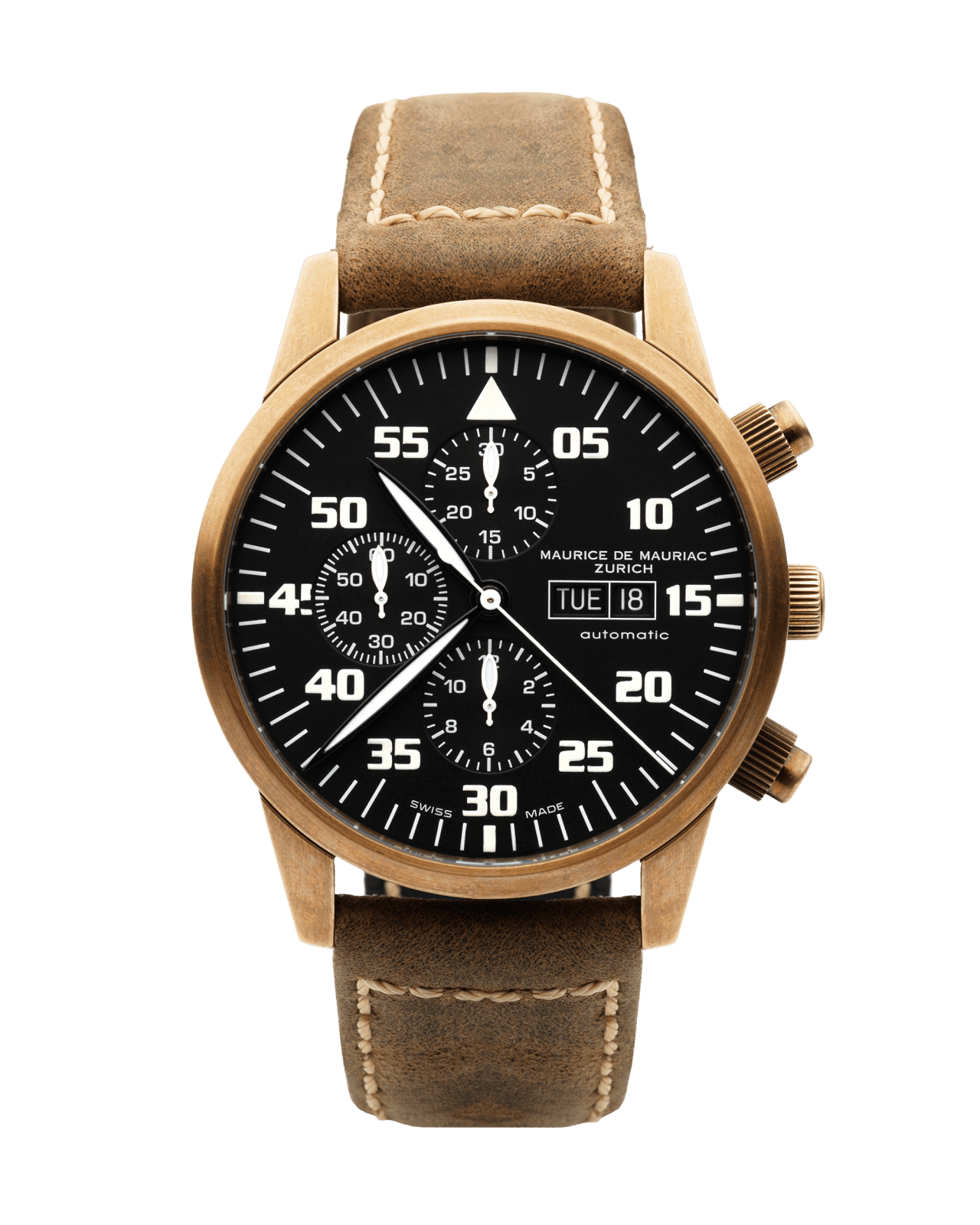 Chrono Uhr in Bronze mit dunklem Zifferbaltt und Uhrenband aus Leder