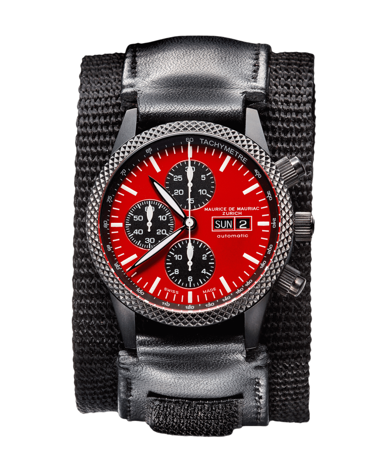 Chrono Uhr mit roten Zifferblatt und schwarzem Uhrenband aus Leder