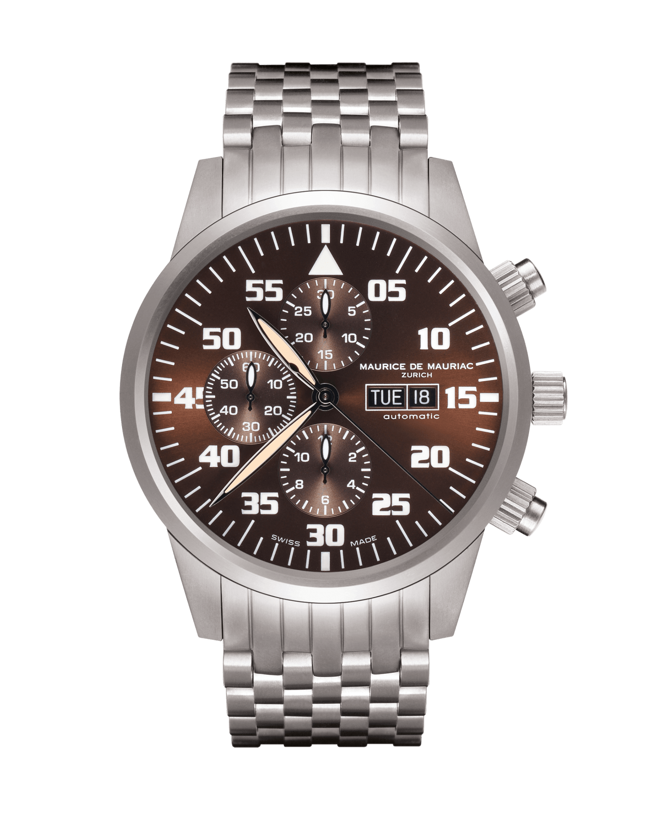 Chrono Uhr mit dunklem Zifferbaltt und einem Armband aus Stahl