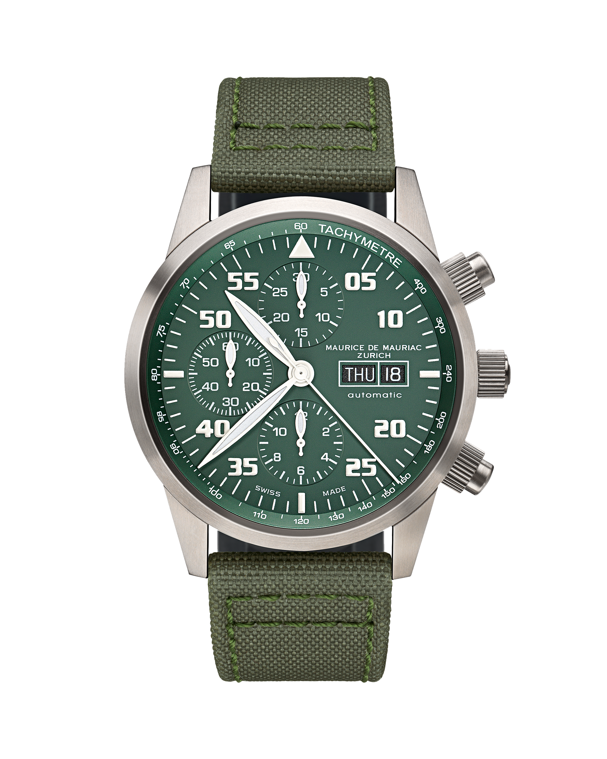 Uhr mit Chronographen mit grünem Zifferbaltt und braunem Uhrenband aus Leder