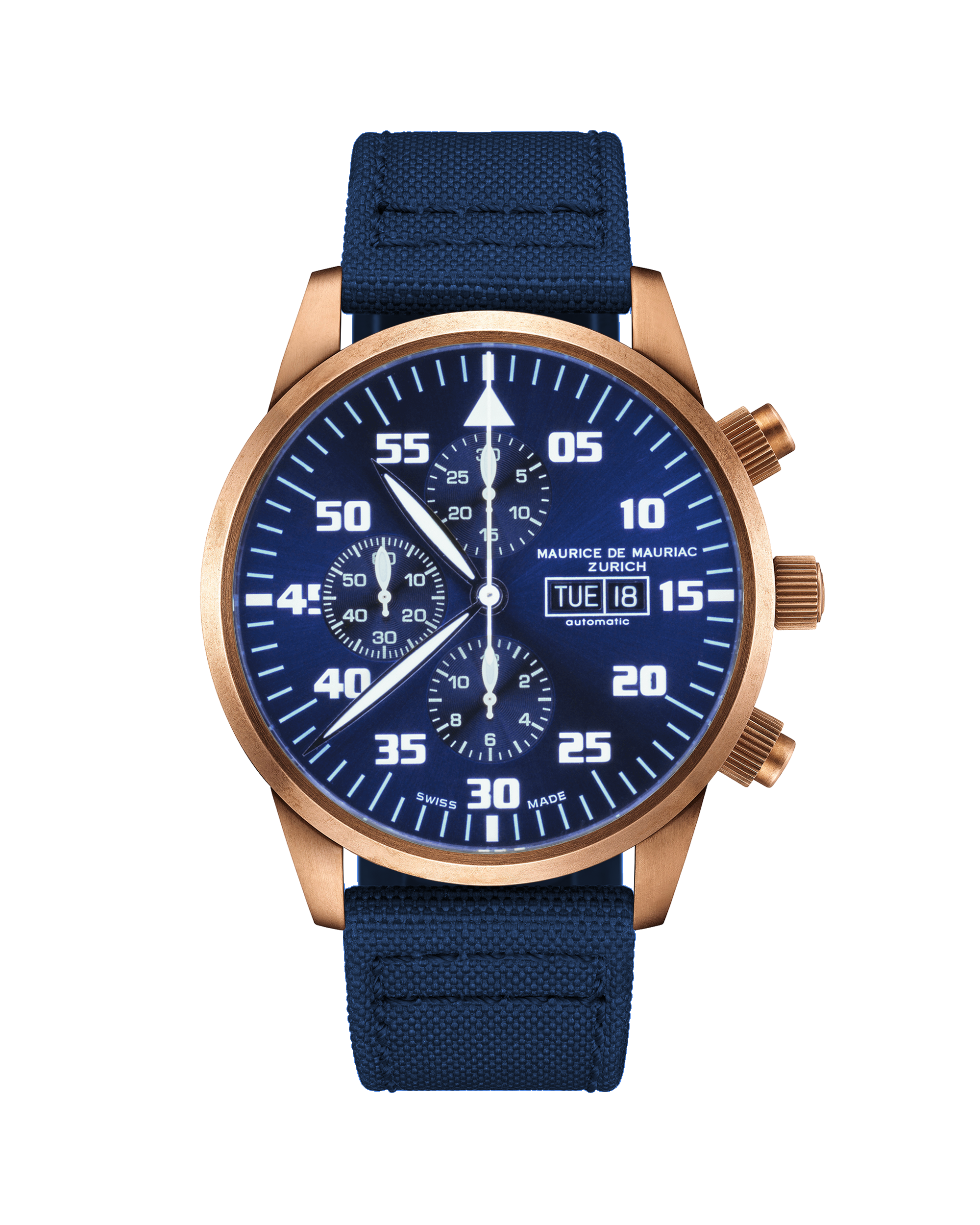 Uhr in Bronze und blauem Ziffernbaltt mit Uhrenband aus Leder